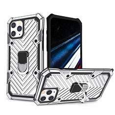 Silikon Hülle Handyhülle und Kunststoff Schutzhülle Hartschalen Tasche mit Ständer YF1 für Apple iPhone 13 Pro Silber