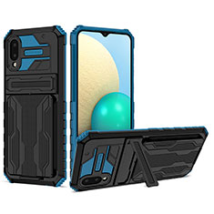 Silikon Hülle Handyhülle und Kunststoff Schutzhülle Hartschalen Tasche mit Ständer YF1 für Samsung Galaxy A02 Blau