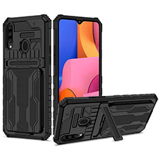 Silikon Hülle Handyhülle und Kunststoff Schutzhülle Hartschalen Tasche mit Ständer YF1 für Samsung Galaxy A20s Schwarz