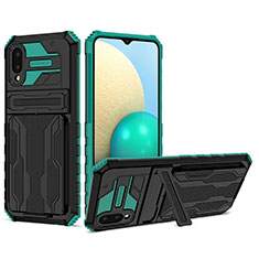 Silikon Hülle Handyhülle und Kunststoff Schutzhülle Hartschalen Tasche mit Ständer YF1 für Samsung Galaxy M02 Grün