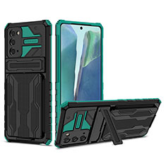 Silikon Hülle Handyhülle und Kunststoff Schutzhülle Hartschalen Tasche mit Ständer YF1 für Samsung Galaxy Note 20 5G Grün