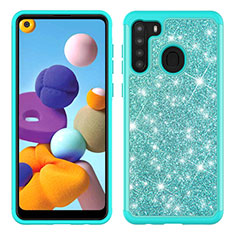 Silikon Hülle Handyhülle und Kunststoff Schutzhülle Hartschalen Tasche Vorder und Rückseite 360 Grad Ganzkörper Bling-Bling JX1 für Samsung Galaxy A21 Cyan