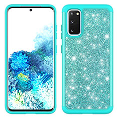 Silikon Hülle Handyhülle und Kunststoff Schutzhülle Hartschalen Tasche Vorder und Rückseite 360 Grad Ganzkörper Bling-Bling JX1 für Samsung Galaxy S20 5G Cyan