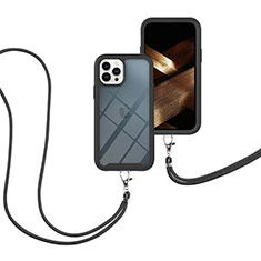 Silikon Hülle Handyhülle und Kunststoff Schutzhülle Hartschalen Tasche Vorder und Rückseite 360 Grad Ganzkörper mit Schlüsselband Lanyard für Apple iPhone 13 Pro Max Schwarz