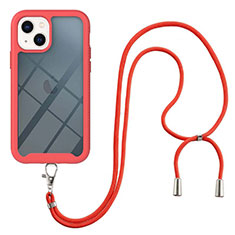Silikon Hülle Handyhülle und Kunststoff Schutzhülle Hartschalen Tasche Vorder und Rückseite 360 Grad Ganzkörper mit Schlüsselband Lanyard für Apple iPhone 14 Plus Rot