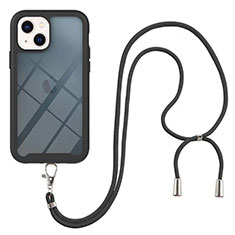 Silikon Hülle Handyhülle und Kunststoff Schutzhülle Hartschalen Tasche Vorder und Rückseite 360 Grad Ganzkörper mit Schlüsselband Lanyard für Apple iPhone 14 Plus Schwarz