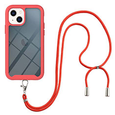 Silikon Hülle Handyhülle und Kunststoff Schutzhülle Hartschalen Tasche Vorder und Rückseite 360 Grad Ganzkörper mit Schlüsselband Lanyard für Apple iPhone 14 Rot