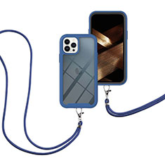Silikon Hülle Handyhülle und Kunststoff Schutzhülle Hartschalen Tasche Vorder und Rückseite 360 Grad Ganzkörper mit Schlüsselband Lanyard für Apple iPhone 15 Pro Blau