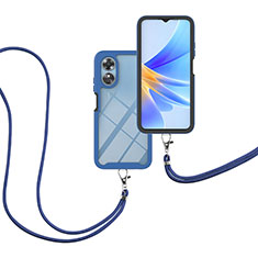 Silikon Hülle Handyhülle und Kunststoff Schutzhülle Hartschalen Tasche Vorder und Rückseite 360 Grad Ganzkörper mit Schlüsselband Lanyard für Oppo A17 Blau