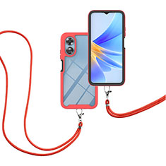 Silikon Hülle Handyhülle und Kunststoff Schutzhülle Hartschalen Tasche Vorder und Rückseite 360 Grad Ganzkörper mit Schlüsselband Lanyard für Oppo A17 Rot