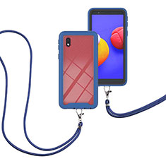 Silikon Hülle Handyhülle und Kunststoff Schutzhülle Hartschalen Tasche Vorder und Rückseite 360 Grad Ganzkörper mit Schlüsselband Lanyard für Samsung Galaxy A01 Core Blau