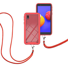 Silikon Hülle Handyhülle und Kunststoff Schutzhülle Hartschalen Tasche Vorder und Rückseite 360 Grad Ganzkörper mit Schlüsselband Lanyard für Samsung Galaxy A01 Core Rot