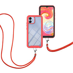 Silikon Hülle Handyhülle und Kunststoff Schutzhülle Hartschalen Tasche Vorder und Rückseite 360 Grad Ganzkörper mit Schlüsselband Lanyard für Samsung Galaxy A04 4G Rot