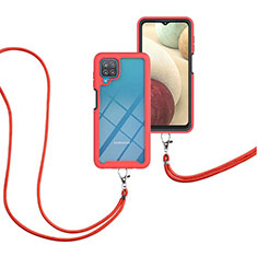 Silikon Hülle Handyhülle und Kunststoff Schutzhülle Hartschalen Tasche Vorder und Rückseite 360 Grad Ganzkörper mit Schlüsselband Lanyard für Samsung Galaxy A12 Nacho Rot