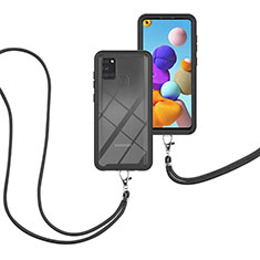 Silikon Hülle Handyhülle und Kunststoff Schutzhülle Hartschalen Tasche Vorder und Rückseite 360 Grad Ganzkörper mit Schlüsselband Lanyard für Samsung Galaxy A21s Schwarz