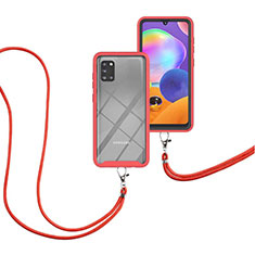 Silikon Hülle Handyhülle und Kunststoff Schutzhülle Hartschalen Tasche Vorder und Rückseite 360 Grad Ganzkörper mit Schlüsselband Lanyard für Samsung Galaxy A31 Rot