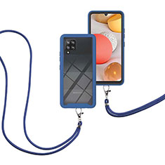 Silikon Hülle Handyhülle und Kunststoff Schutzhülle Hartschalen Tasche Vorder und Rückseite 360 Grad Ganzkörper mit Schlüsselband Lanyard für Samsung Galaxy A42 5G Blau