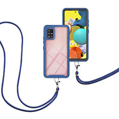 Silikon Hülle Handyhülle und Kunststoff Schutzhülle Hartschalen Tasche Vorder und Rückseite 360 Grad Ganzkörper mit Schlüsselband Lanyard für Samsung Galaxy A51 4G Blau