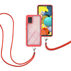 Silikon Hülle Handyhülle und Kunststoff Schutzhülle Hartschalen Tasche Vorder und Rückseite 360 Grad Ganzkörper mit Schlüsselband Lanyard für Samsung Galaxy A51 4G Rot