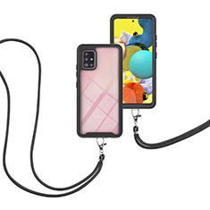 Silikon Hülle Handyhülle und Kunststoff Schutzhülle Hartschalen Tasche Vorder und Rückseite 360 Grad Ganzkörper mit Schlüsselband Lanyard für Samsung Galaxy A51 5G Schwarz