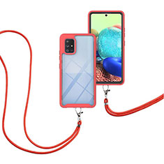 Silikon Hülle Handyhülle und Kunststoff Schutzhülle Hartschalen Tasche Vorder und Rückseite 360 Grad Ganzkörper mit Schlüsselband Lanyard für Samsung Galaxy A71 5G Rot