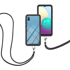 Silikon Hülle Handyhülle und Kunststoff Schutzhülle Hartschalen Tasche Vorder und Rückseite 360 Grad Ganzkörper mit Schlüsselband Lanyard für Samsung Galaxy M02 Schwarz