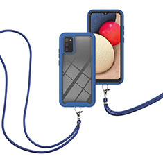 Silikon Hülle Handyhülle und Kunststoff Schutzhülle Hartschalen Tasche Vorder und Rückseite 360 Grad Ganzkörper mit Schlüsselband Lanyard für Samsung Galaxy M02s Blau