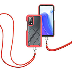 Silikon Hülle Handyhülle und Kunststoff Schutzhülle Hartschalen Tasche Vorder und Rückseite 360 Grad Ganzkörper mit Schlüsselband Lanyard für Xiaomi Mi 10T 5G Rot