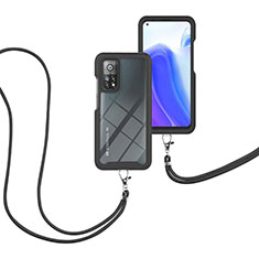 Silikon Hülle Handyhülle und Kunststoff Schutzhülle Hartschalen Tasche Vorder und Rückseite 360 Grad Ganzkörper mit Schlüsselband Lanyard für Xiaomi Mi 10T Pro 5G Schwarz