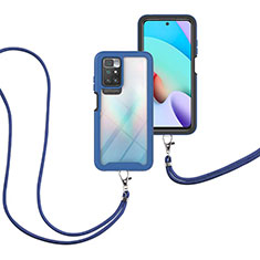 Silikon Hülle Handyhülle und Kunststoff Schutzhülle Hartschalen Tasche Vorder und Rückseite 360 Grad Ganzkörper mit Schlüsselband Lanyard für Xiaomi Redmi 10 4G Blau
