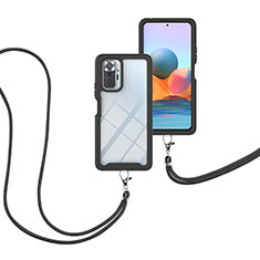 Silikon Hülle Handyhülle und Kunststoff Schutzhülle Hartschalen Tasche Vorder und Rückseite 360 Grad Ganzkörper mit Schlüsselband Lanyard für Xiaomi Redmi Note 10 Pro 4G Schwarz