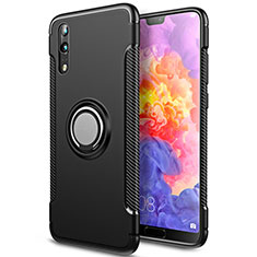 Silikon Hülle Handyhülle und Kunststoff Schutzhülle mit Fingerring Ständer für Huawei P20 Schwarz