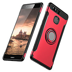 Silikon Hülle Handyhülle und Kunststoff Schutzhülle mit Fingerring Ständer für Huawei P9 Plus Rot