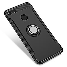 Silikon Hülle Handyhülle und Kunststoff Schutzhülle mit Fingerring Ständer für Xiaomi Mi A1 Schwarz