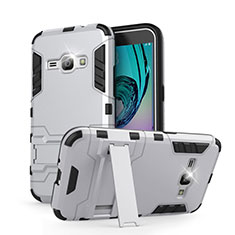 Silikon Hülle Handyhülle und Kunststoff Schutzhülle mit Ständer für Samsung Galaxy J1 (2016) J120F Weiß