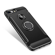 Silikon Hülle Handyhülle und Kunststoff Schutzhülle Tasche mit Fingerring Ständer für Apple iPhone 7 Plus Schwarz