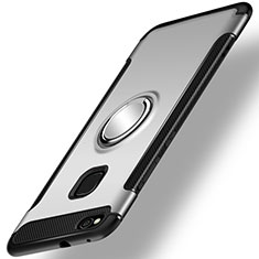 Silikon Hülle Handyhülle und Kunststoff Schutzhülle Tasche mit Fingerring Ständer für Huawei GR3 (2017) Silber