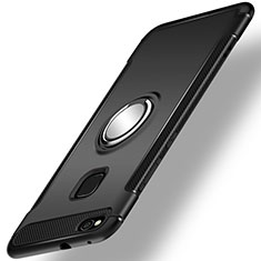 Silikon Hülle Handyhülle und Kunststoff Schutzhülle Tasche mit Fingerring Ständer für Huawei P9 Lite (2017) Schwarz