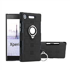 Silikon Hülle Handyhülle und Kunststoff Schutzhülle Tasche mit Fingerring Ständer für Sony Xperia XZ1 Compact Schwarz