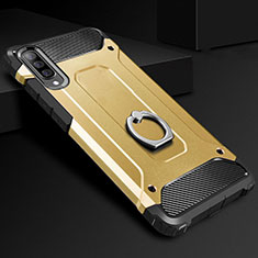 Silikon Hülle Handyhülle und Kunststoff Schutzhülle Tasche mit Fingerring Ständer H01 für Samsung Galaxy A70 Gold