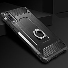 Silikon Hülle Handyhülle und Kunststoff Schutzhülle Tasche mit Fingerring Ständer H01 für Samsung Galaxy A70 Schwarz