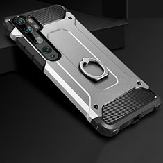 Silikon Hülle Handyhülle und Kunststoff Schutzhülle Tasche mit Fingerring Ständer H01 für Xiaomi Mi Note 10 Pro Silber