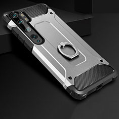 Silikon Hülle Handyhülle und Kunststoff Schutzhülle Tasche mit Fingerring Ständer H01 für Xiaomi Mi Note 10 Silber