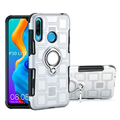 Silikon Hülle Handyhülle und Kunststoff Schutzhülle Tasche mit Magnetisch Fingerring Ständer A01 für Huawei P30 Lite Silber