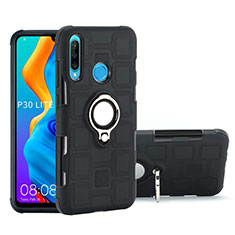 Silikon Hülle Handyhülle und Kunststoff Schutzhülle Tasche mit Magnetisch Fingerring Ständer A01 für Huawei P30 Lite XL Schwarz