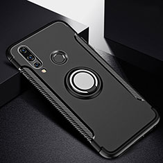 Silikon Hülle Handyhülle und Kunststoff Schutzhülle Tasche mit Magnetisch Fingerring Ständer für Huawei P30 Lite XL Schwarz