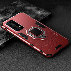 Silikon Hülle Handyhülle und Kunststoff Schutzhülle Tasche mit Magnetisch Fingerring Ständer für Huawei P40 Pro+ Plus Rot