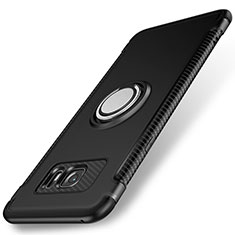 Silikon Hülle Handyhülle und Kunststoff Schutzhülle Tasche mit Magnetisch Fingerring Ständer für Samsung Galaxy S7 Edge G935F Schwarz