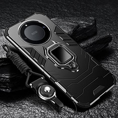 Silikon Hülle Handyhülle und Kunststoff Schutzhülle Tasche mit Magnetisch Fingerring Ständer R01 für Huawei Honor X9b 5G Schwarz