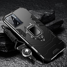 Silikon Hülle Handyhülle und Kunststoff Schutzhülle Tasche mit Magnetisch Fingerring Ständer R01 für OnePlus Nord N300 5G Schwarz